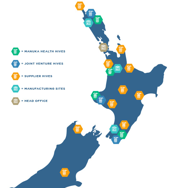 Rozmiestnenie úľov a prevádzok Manuka Health New Zealand